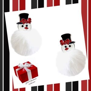 New White Red Black Fluffy Faux Fur Snowman Christmas Post Statement Earrings